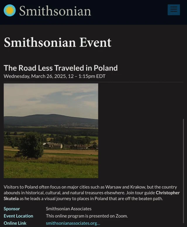 Just now starting. Again and again I am honoured to present Poland at Smithsonian Associates online educational programmes. You are most welcome. 

@privatetourskrakow 
#smithsonian 
#Poland
#smithsonianassociates 
#lesstraveledpoland
#Unknownpoland
#tourspoland
#privatetourspoland
#privateguidespoland
#privatetourskrakow